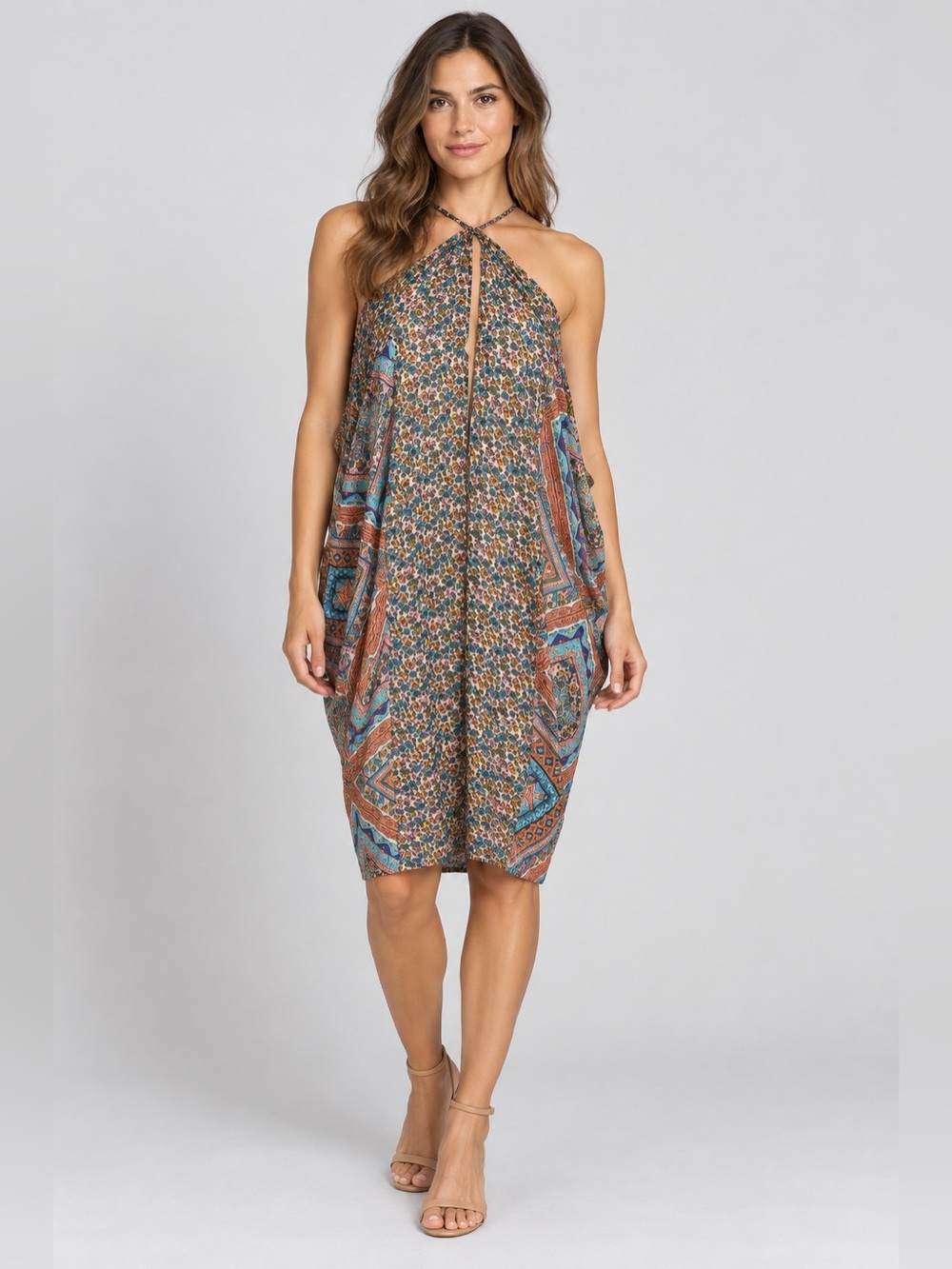 Red Carter Bohemian Blue Pink Tank Swim Open Front Knee Length Dress Xs Small